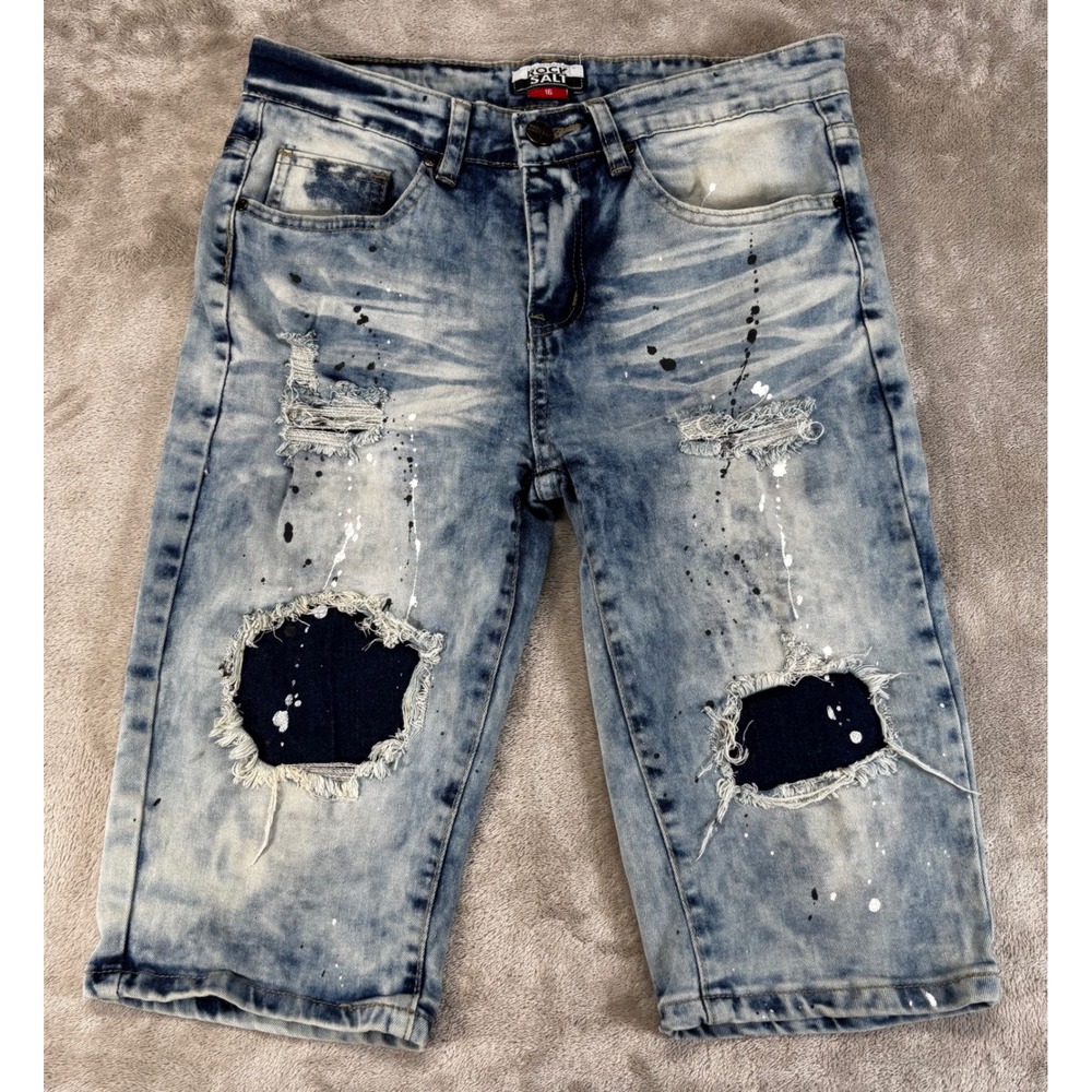 Rock Salt Denim Shorts Kids 16 Blue Distressed Paint‎ Splatter Acid Wash